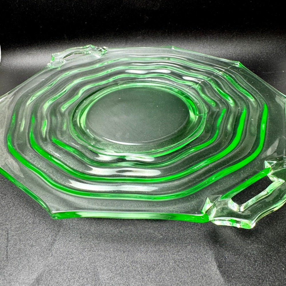 Jenkins Ocean Wave Uranium Glass Handled Cake Plate Platter #190 Depression - Picture 15 of 16